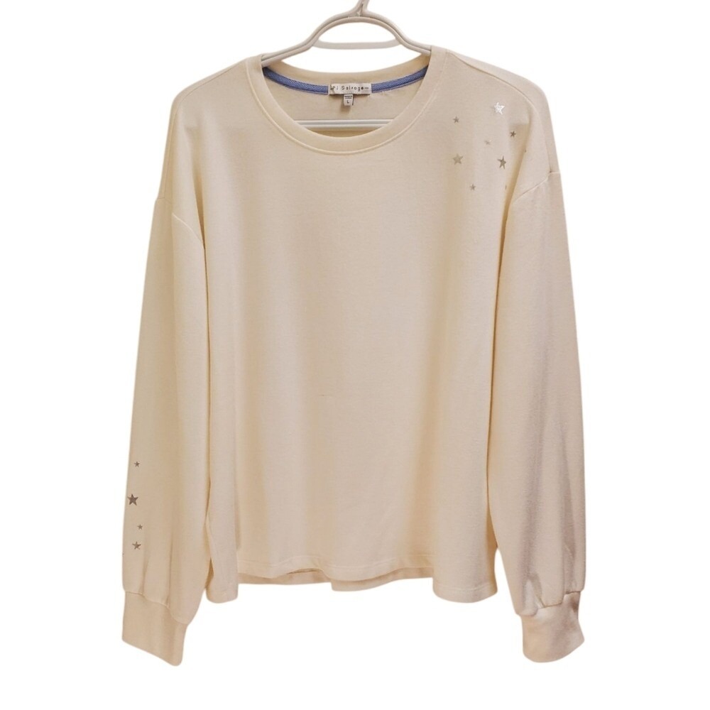 PJ Salvage Star Print Pullover Top Casual Comfy Long Sleeve Cream L